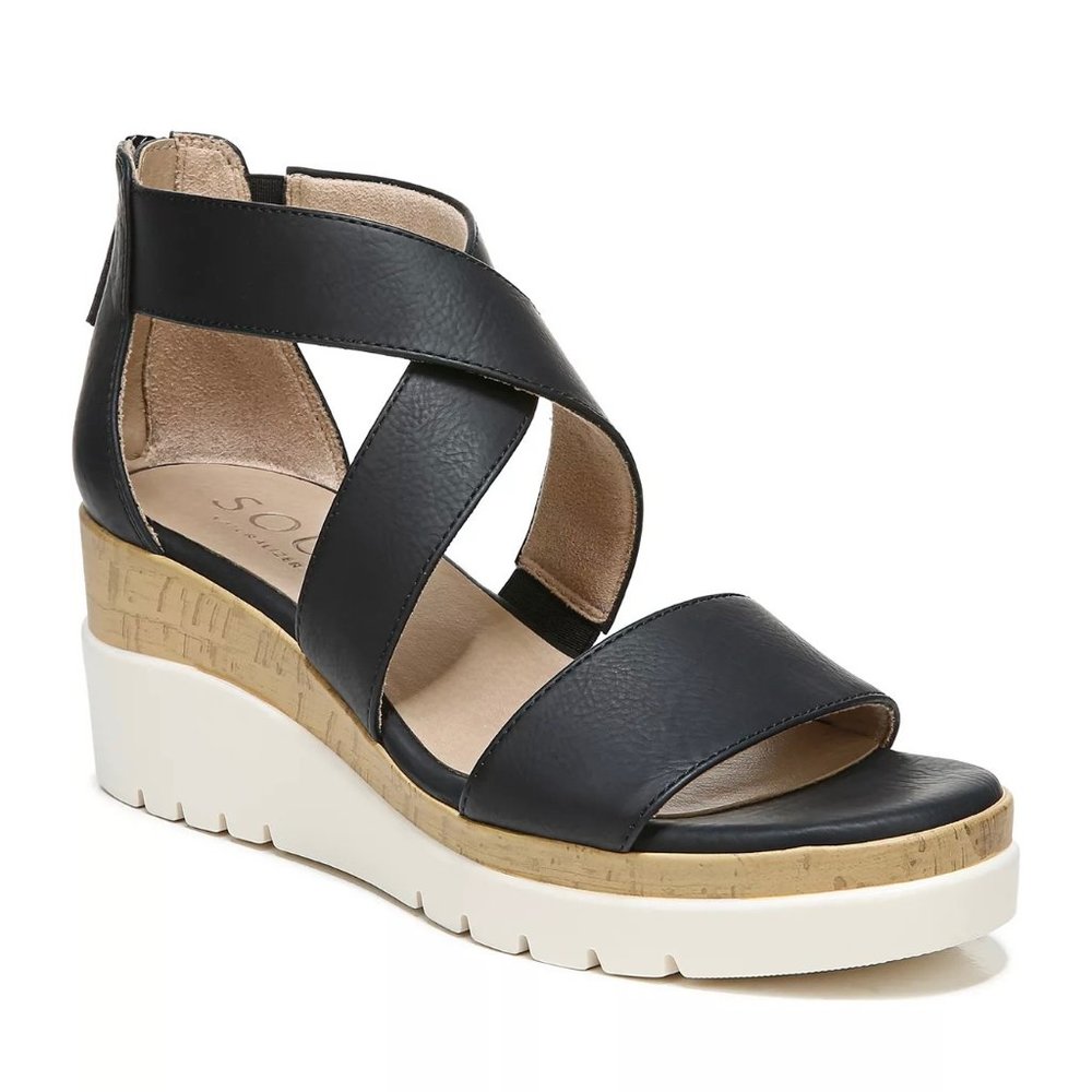SOUL NATURALIZER Goodtimes Criss Cross Ankle Strap Wedge Sandals Black 6W